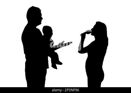 Silhouette of a drink woman and man with a child, isolated on a white background. Unhappy couple husband and wife having drinking problems in the even Stock Photo