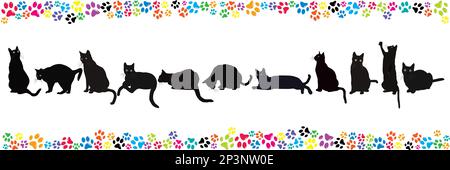 Border with black cats and colorful paws Stock Vector
