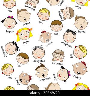 Heads of children with different emotions on their faces, seamless background Stock Vector