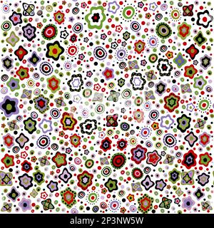Seamless pattern with delicate flowers in a childish style with dots and circles on white background Stock Vector