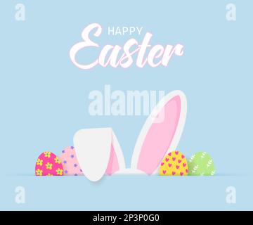 Easter greeting card with bunny ears and eggs on a blue background. Vector . Easter greeting card Stock Vector