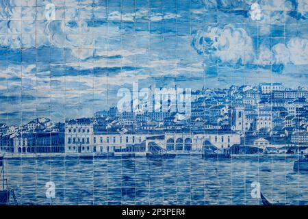 Ceramic glazed tiles, called Azulejos, presenting a historic view of Lisbon. Lisbon, Portugal, Europe Stock Photo