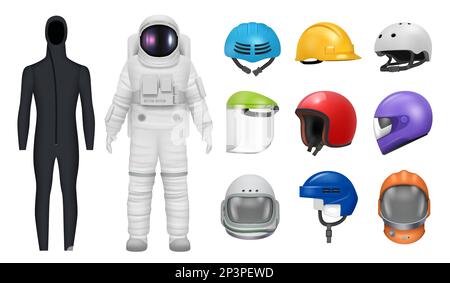 Racing helmets. Sport protection for head decent vector realistic helmets set isolated Stock Vector