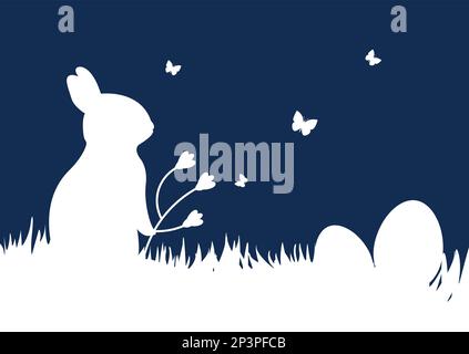 Cute hand drawn Easter horizontal seamless pattern in paper style with bunny, flowers, easter eggs and butterflies on a dark blue background. Vector Stock Vector