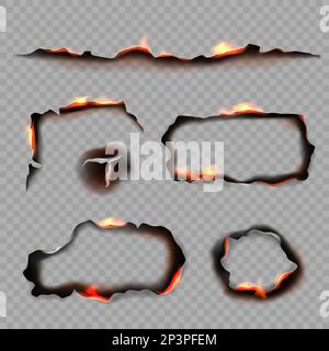 Burn paper. Borders and stripped shapes of burning papers decent vector realistic templates isolated Stock Vector