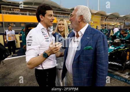 WOLFF Toto (aut), Team Principal & CEO of Mercedes AMG F1 Team, STROLL Lawrence (can), Aston Martin F1 Team owner, portrait during the Formula 1 Gulf Air Bahrain Grand Prix 2023, 1st round of the 2023 FIA Formula One World Championship from March 3 to 5, 2023 on the Bahrain International Circuit, in Sakhir, Bahrain - Photo DPPI Stock Photo