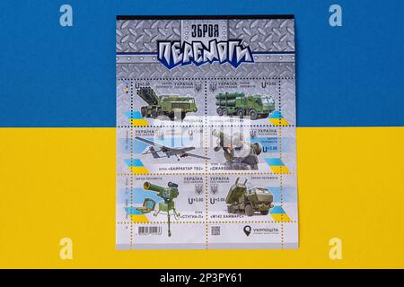 Weapon of victory. Various military equipment. Postage stamps of Ukraine. Ukrainian postage stamp on the theme of the war. Ukrposhta limited edition print. Kyiv, Ukraine - February 24, 2023 Stock Photo