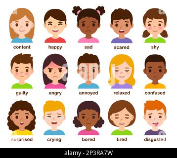 Cute cartoon children faces with different emotions. Facial expressions, feelings and mental states. Diverse little kids vector illustration set. Stock Vector