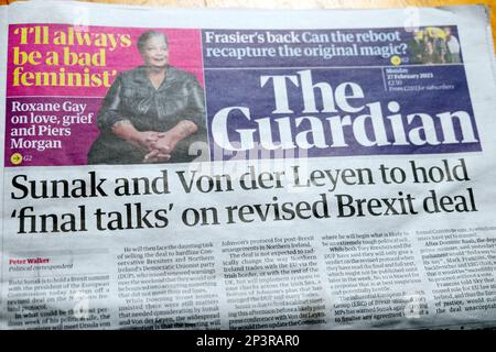 'Sunak and Von der Leyen to hold 'final talks' on revised Brexit deal' Guardian newspaper front page headline article on 27 February 2023 London UK Stock Photo