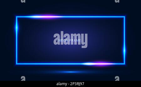 Neon rectangular frame with shining effects and highlights on a dark blue background. Stock Vector