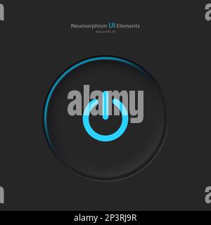 Power button on a black background. User interface elements in the style of neumorphism, UX. Stock Vector