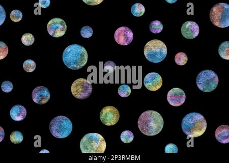 Seamless pattern of painted  planets with shining watercolor paints on black background. Hand drawn bright watercolor circles with a metallic sheen. S Stock Photo