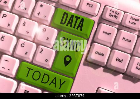 Conceptual display Data Sync. Word for data that is continuously generated by different sources Stock Photo