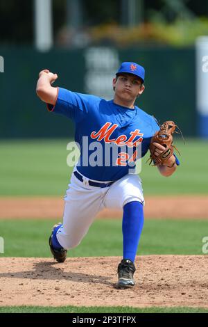 Pitcher Austin Riley (24) of DeSoto Central High School in Hernando,  Mississippi playing for the New York Mets scout team during the East Coast  Pro Showcase on July 31, 2013 at NBT