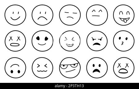 Hand drawn emojis faces. Line art style. Vector illustration isolated on white background Stock Vector