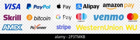 Payment icon set. Payoneer, PayPal, Mastercard, Visa, Apple pay, Google pay. Vector illustration isolated on transparent background Stock Vector