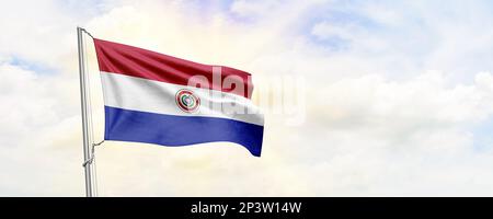 Paraguay flag waving on sky background. 3D Rendering Stock Photo