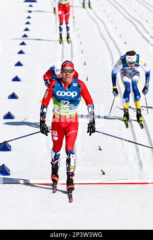 Planica, Slovenia. 05th Mar, 2023. Paal Golberg of Norway celebrates after winning the Men's Mass Start 50km Classic race at the Nordic World Championships in Planica. (Photo by Andrej Tarfila/SOPA Images/Sipa USA) Credit: Sipa USA/Alamy Live News Stock Photo