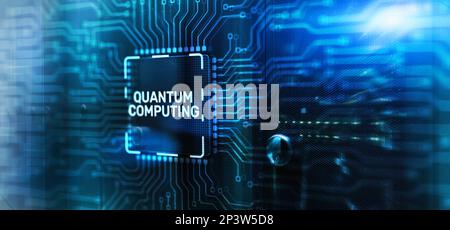 Quantum computing concept. The inscription on 3d Electronic Circuit Board Chip. Stock Photo