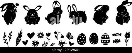 Black bunny, spring elements silhouettes. Bunnies, flowers, eggs. Easter isolated symbols. Flat rabbits collection, vector animals and floral graphics Stock Vector