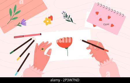 Hands holding color pencil and drawing flower. Botanical portrait, hand drawn hobby. Painting kids workshop, designer working vector concept Stock Vector