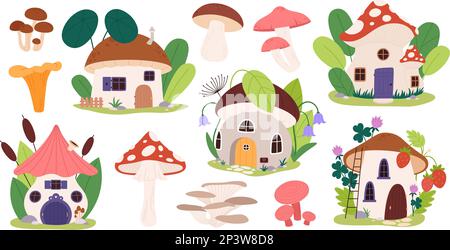 Fairytale mushroom houses, forest fairy home in plants and berries. Mushrooms isolated, cute magic dwarf buildings. Racy magic vector cartoon clipart Stock Vector
