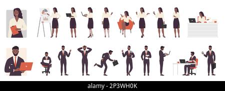 Cartoon isolated dark skin busy businessman businesswoman office outfit, corporate managers working and talking phone, running with briefcase and walking. Business people pose set vector illustration. Stock Vector