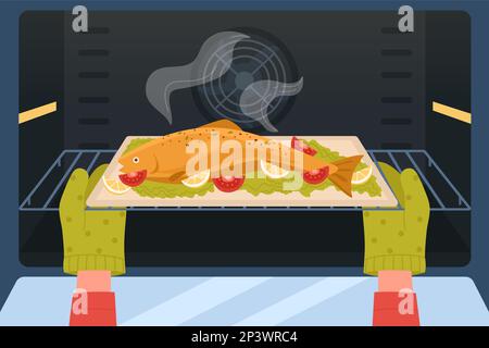 Cartoon chef cooking fish in home kitchen, making dinner flat vector illustration. Tasty food recipe, cooking concept. Hands in gloves taking out tray of fish from baking oven. Stock Vector