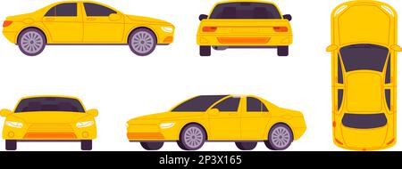 Sedan sides view. Yellow auto car or taxi template side front back top views, drive automobilism concept vehicle parking driver mockup isolated colourful cars vector illustration of car taxi sedan Stock Vector