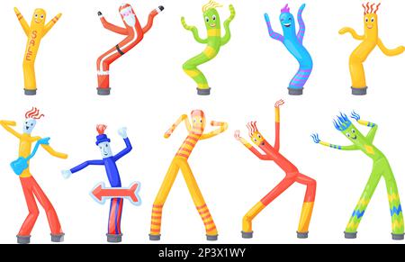 Inflatable tube men. Dancing cloth man with air move hands for advertising promotion, fun wacky balloon dancer, wind sky dance toy on playground or street vector illustration of inflatable tube man Stock Vector