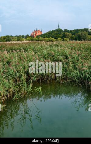 A view at famous castle with cathedral from Vistula lagoon.Astronomer Nicolaus Copernicus lived and worked here in 1521-1543. Frombork, Poland. Stock Photo