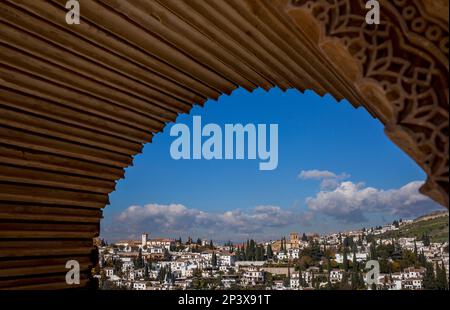 Albaicín and Sacromonte quarters from the Nazaries palaces, in Alhambra. Granada. Spain. Stock Photo