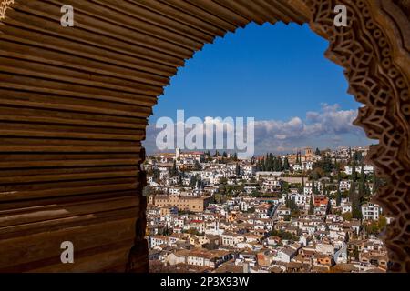 Albaicín and Sacromonte quarters from the Nazaries palaces, in Alhambra. Granada. Spain. Stock Photo