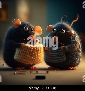 Two cute doll rats knitting scarves on a blurry background, postcard. Stock Photo