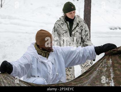 Staff Sgt. Rossi, a Reservist with Finnish Defense Forces, teaches U.S. Soldiers how to properly set up a Finnish bivouac during winter warfare training at Arctic Forge 23 on Sodankylä Garrison, Finland, Feb 18, 2023. Exercise Arctic Forge 23 is a U.S. Army Europe and Africa led umbrella exercise that leverages the host nation exercises Defense Exercise North in Finland, and exercise Joint Viking in Norway, taking place Feb. 16 through March 17, 2023, focused on building capabilities and cooperation in support of the U.S. Army’s Arctic Strategy. Stock Photo