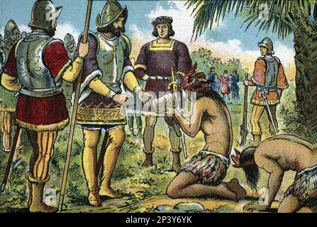 Discovery of America, third voyage, the cacique of Cativo presents presents to the men of Admiral Columbus. Stock Photo