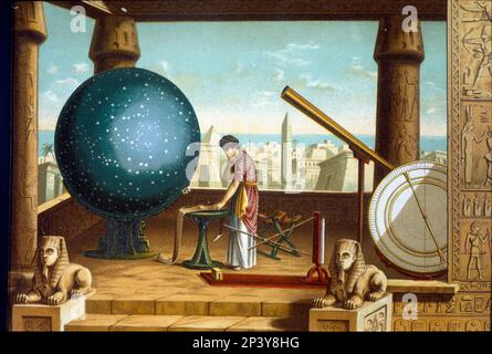 Ptolemy, Claudius (90 - 168). Greek astronomer, mathematician and geographer, in the Alexandria observatory. Chromolitography from 1883. Stock Photo