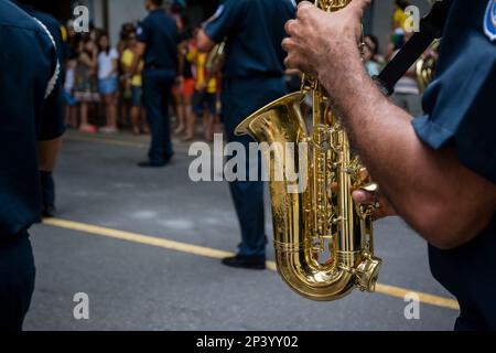 Salvador, Bahia, Brazil - September 07, 2016: Musician soldiers of the municipal guard parade playing instruments during the Brazilian independence da Stock Photo