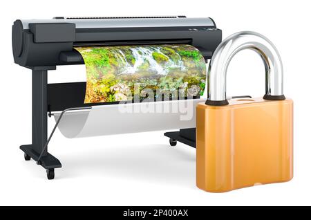 Plotter, large format inkjet printer with padlock, 3D rendering isolated on white background Stock Photo