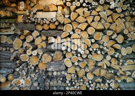 Full frame of firewood stacked, natural scene Stock Photo