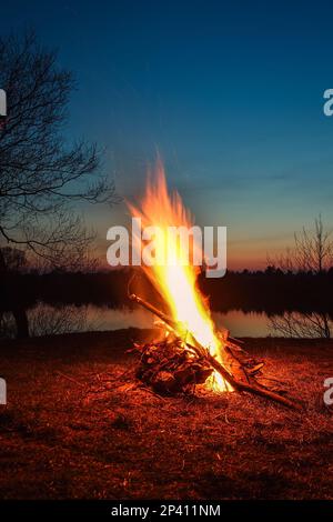 Night summer scenery by the lake. Beautiful large fire on the beach. Stock Photo