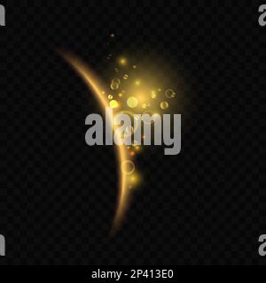 Golden luminous eclipse in dark space vector illustration. Abstract curve planet edge with glowing light effect, flare sparkles and burst of beams on orbit from sun, magic explosion in universe Stock Vector