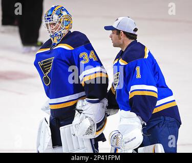 November 06 2014 St. Louis MO St. Louis Blues goalie Jake Allen 34 is congratulated by teammate Brian Elliott 1 after defeating the New Jersey Devils on Thursday night at Scottrade Center in St. Louis...