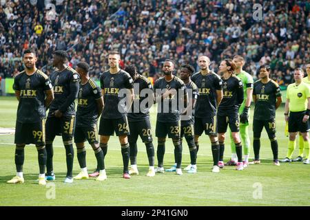 Los Angeles, United States. 04th Mar, 2023. Los Angeles FC players stand for the National Anthem prior to an MLS soccer match against the Portland Timbers in Los Angeles. Credit: SOPA Images Limited/Alamy Live News Stock Photo