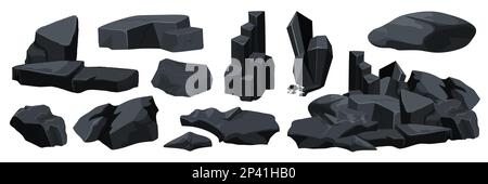 Charcoal black rocks and stones set vector illustration. Cartoon piles of natural boulders, small and big granite blocks and rough materials, solid pebbles gravel heap, broken cliff isolated on white Stock Vector