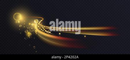 Golden comet with luminous line trail of wave shape and glowing light effect vector illustration. Abstract moving energy curves and neon magic bokeh circles, flash of sparkle and shimmer motion Stock Vector