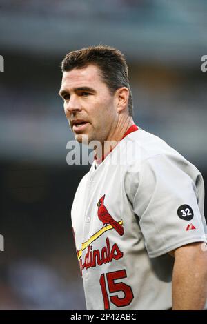 Jim Edmonds of the St. Louis Cardinals during a 2002 MLB season game  against the Los Angeles Dodgers at Dodger Stadium, in Los Angeles,  California. (Larry Goren/Four Seam Images via AP Images