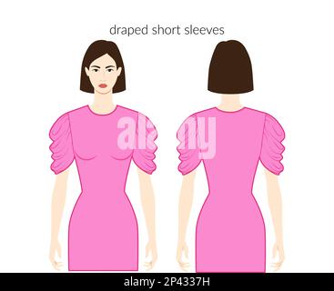 Draped sleeves short length clothes character beautiful lady in pink top, shirt, dress technical fashion illustration, fitted. Flat apparel template front, back sides. Women, men unisex CAD mockup Stock Vector