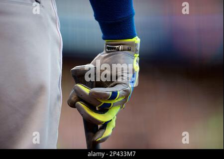 October 25, 2014: San Francisco Giants third baseman Joaquin Arias (13)  applauds after getting on second base in the 6th inning, during game 4 of  the World Series between the San Francisco