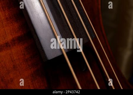 close-up of the four strings and the fingerboard of a double bass Stock Photo
